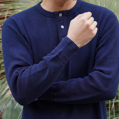 OD+LW Indigo Dyed Double Face Hex Honeycomb Henley Thermal