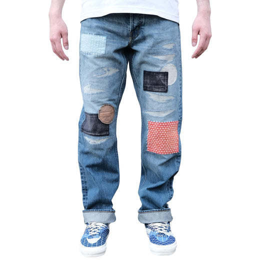 FDMTL Distressed Patchwork Selvedge Jeans (Regular Straight)