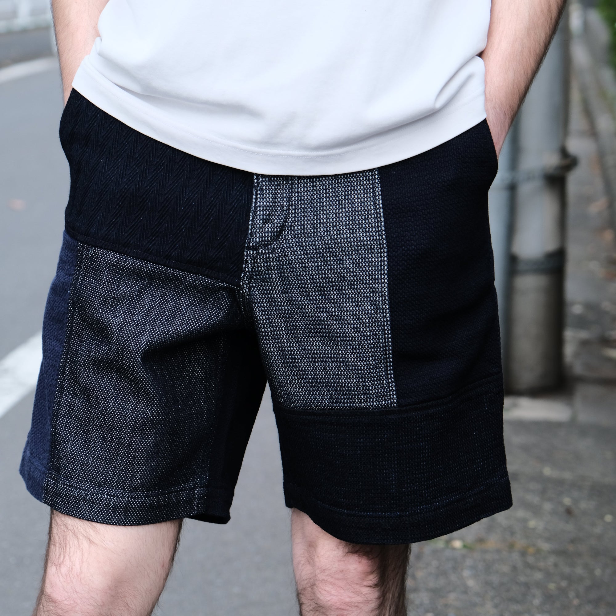 FDMTL Indigo Sashiko Patchwork Shorts - Okayama Denim