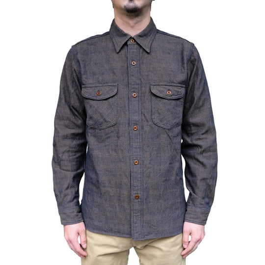 Samurai Jeans SSS26-KSK "Ai-Madara" Natural Indigo x Brown Sashiko Work Shirt
