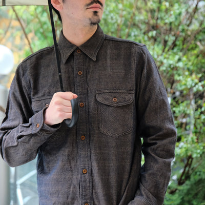 Samurai Jeans SSS26-KSK "Ai-Madara" Natural Indigo x Brown Sashiko Work Shirt