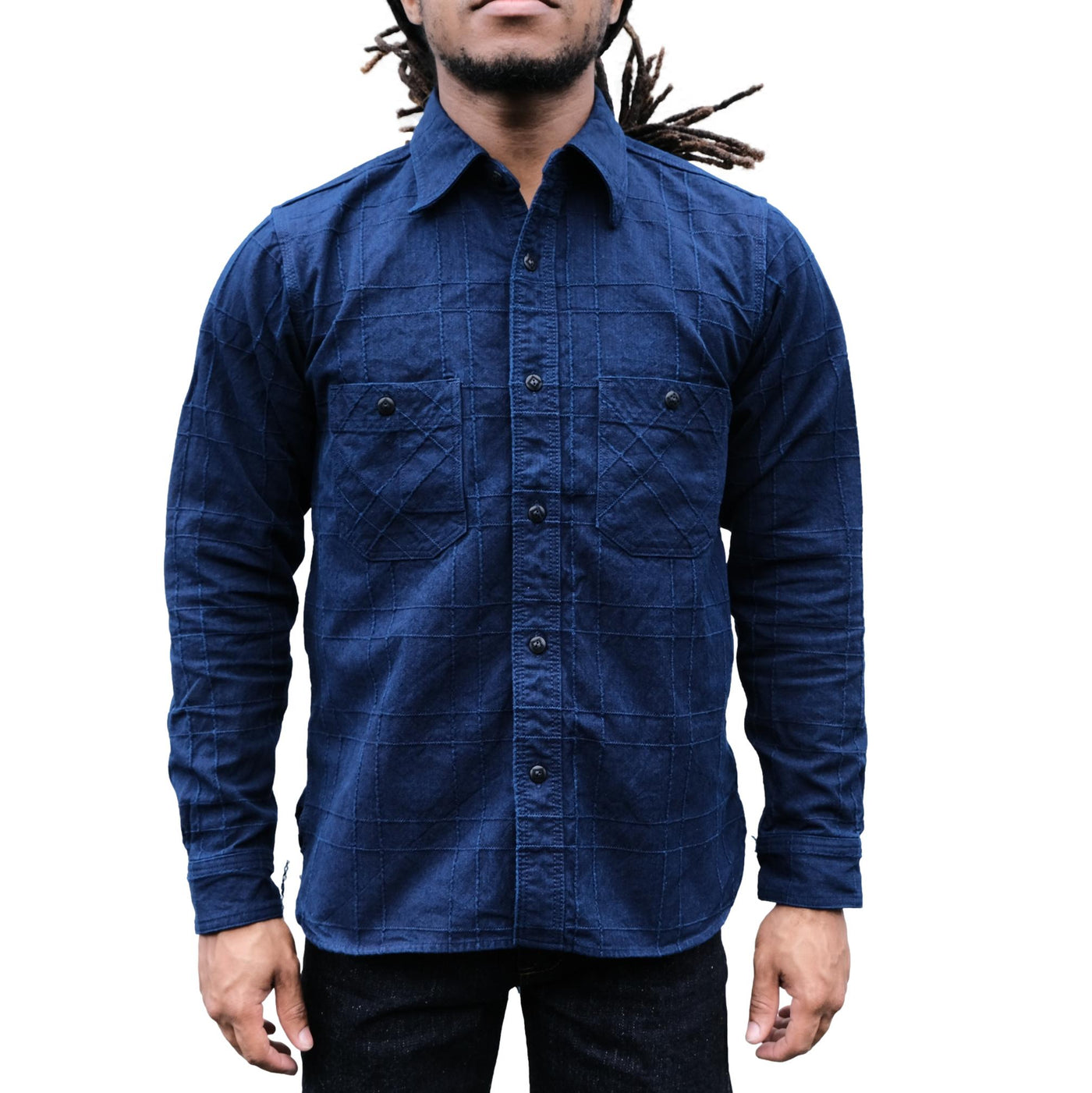 Samurai Jeans SSS26-ARS Natural Indigo Lattice Sashiko Work Shirt
