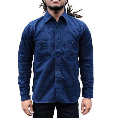 Samurai Jeans SSS26-ARS Natural Indigo Lattice Sashiko Work Shirt