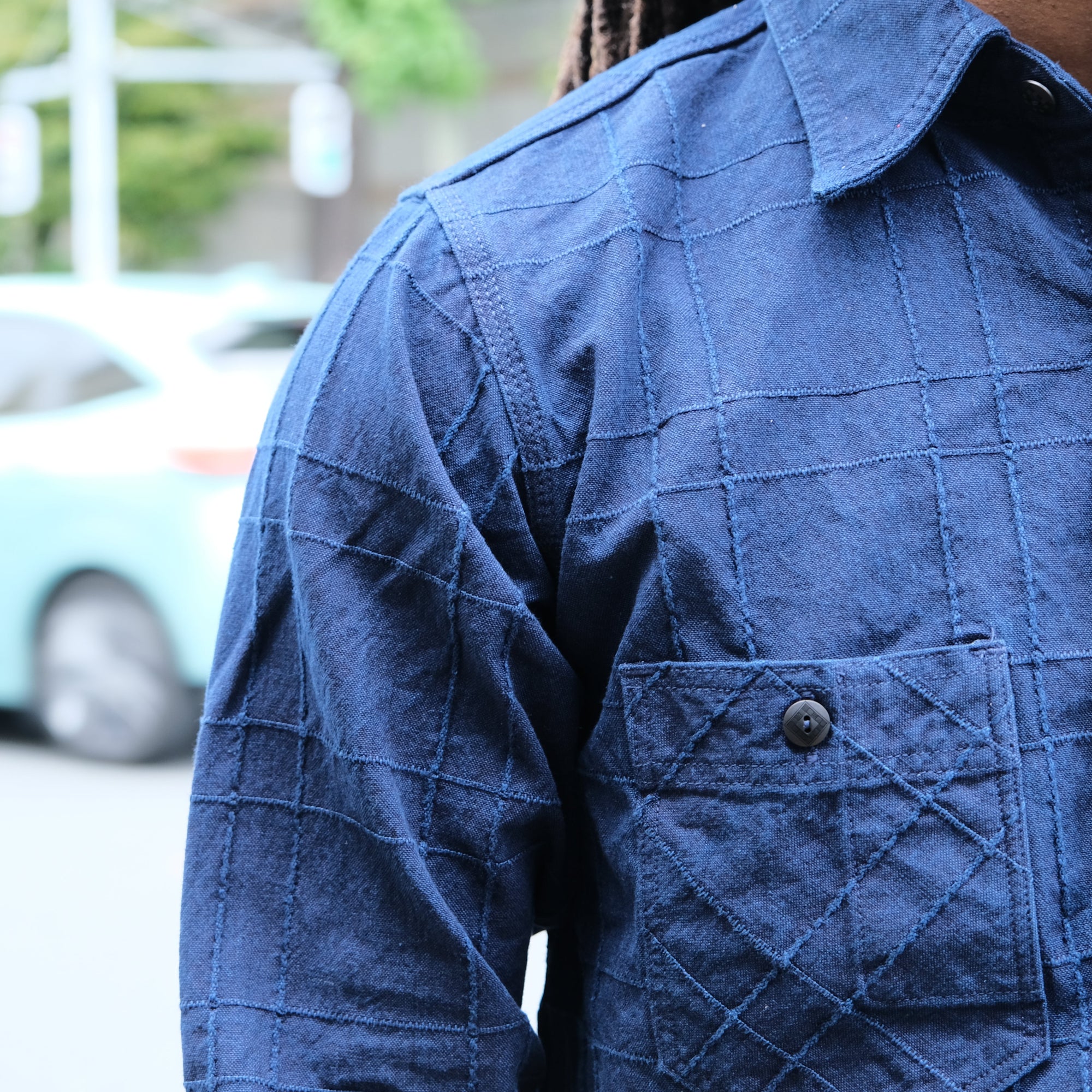 Samurai Jeans SSS26-ARS Natural Indigo Lattice Sashiko Work Shirt