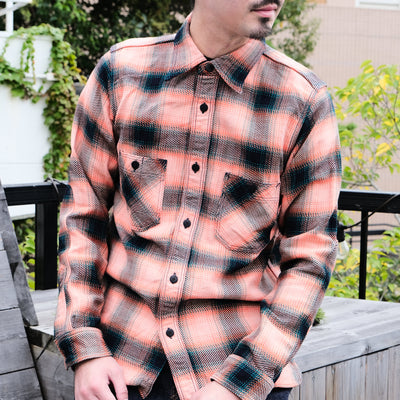 Samurai Jeans SIN25-01 Heavyweight Rope Dyed Indigo Flannel Shirt (Pink)