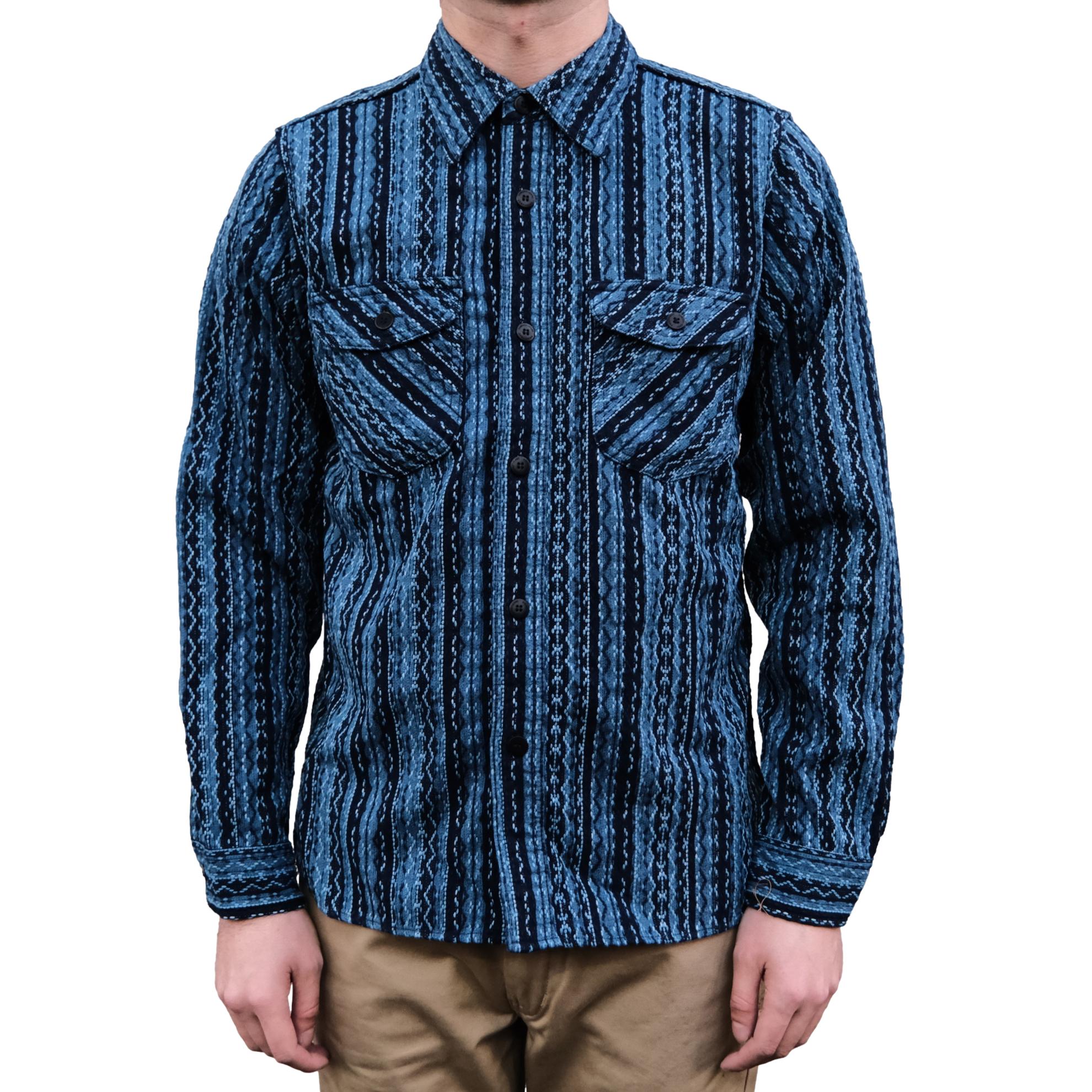 Samurai Jeans SSS25-SKS Natural Indigo Sashiko Stripe Work Shirt