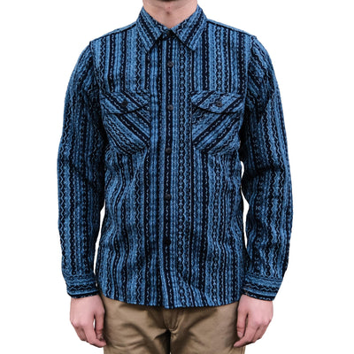 Samurai Jeans SSS25-SKS Natural Indigo Sashiko Stripe Work Shirt