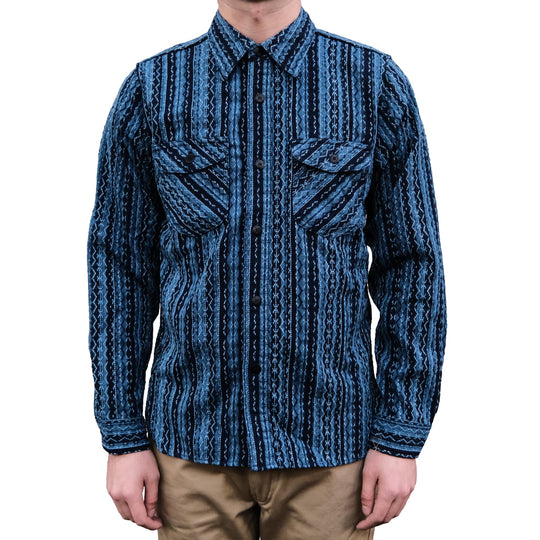 Samurai Jeans SSS25-SKS Natural Indigo Sashiko Stripe Work Shirt