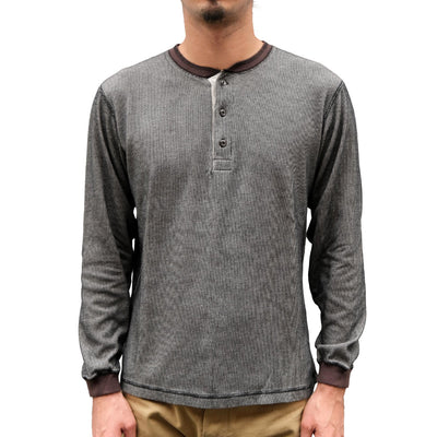 Loop & Weft Double Face Vintage Pinstripe Rib Knit L/S Henley (Black)