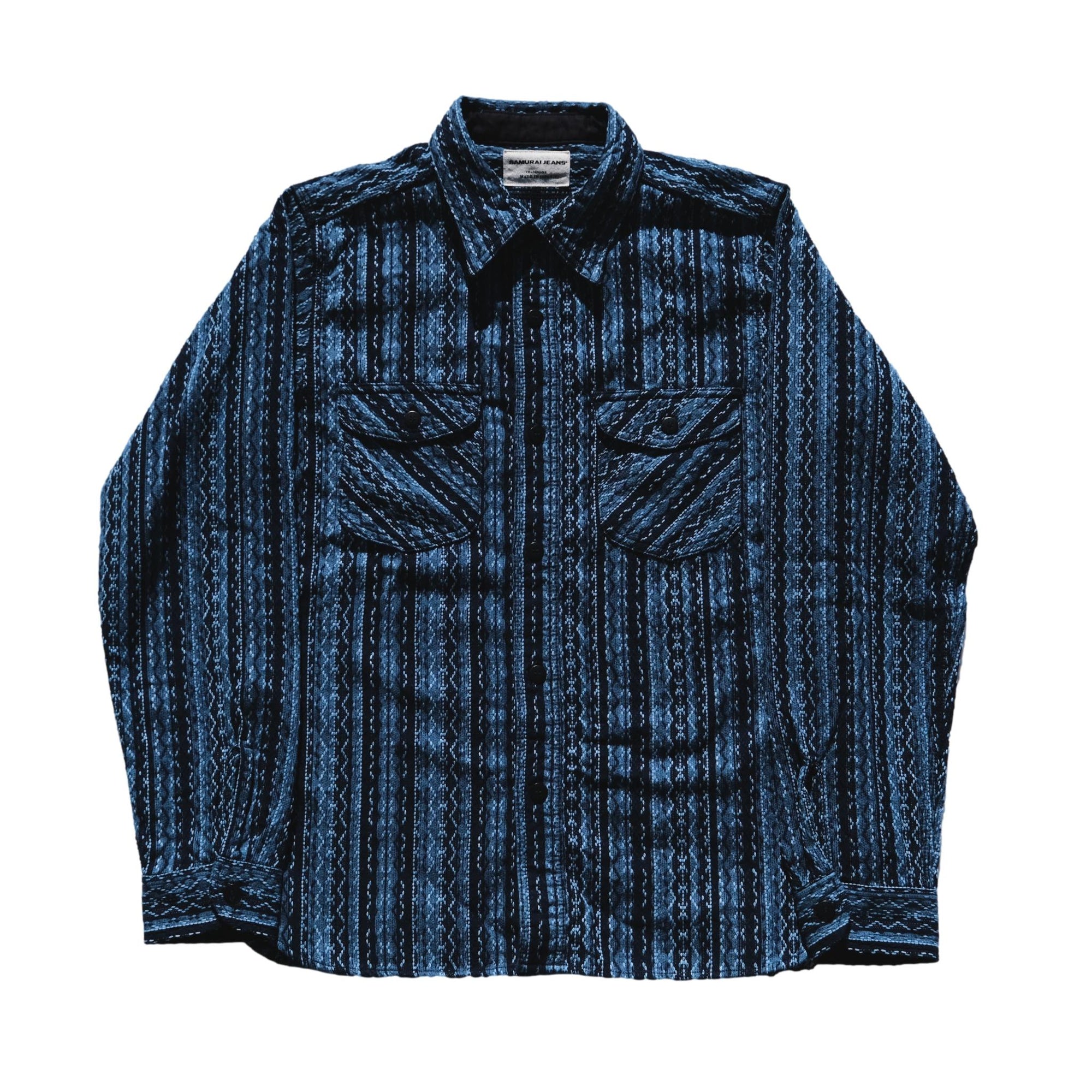 Samurai Jeans SSS25-SKS Natural Indigo Sashiko Stripe Work Shirt
