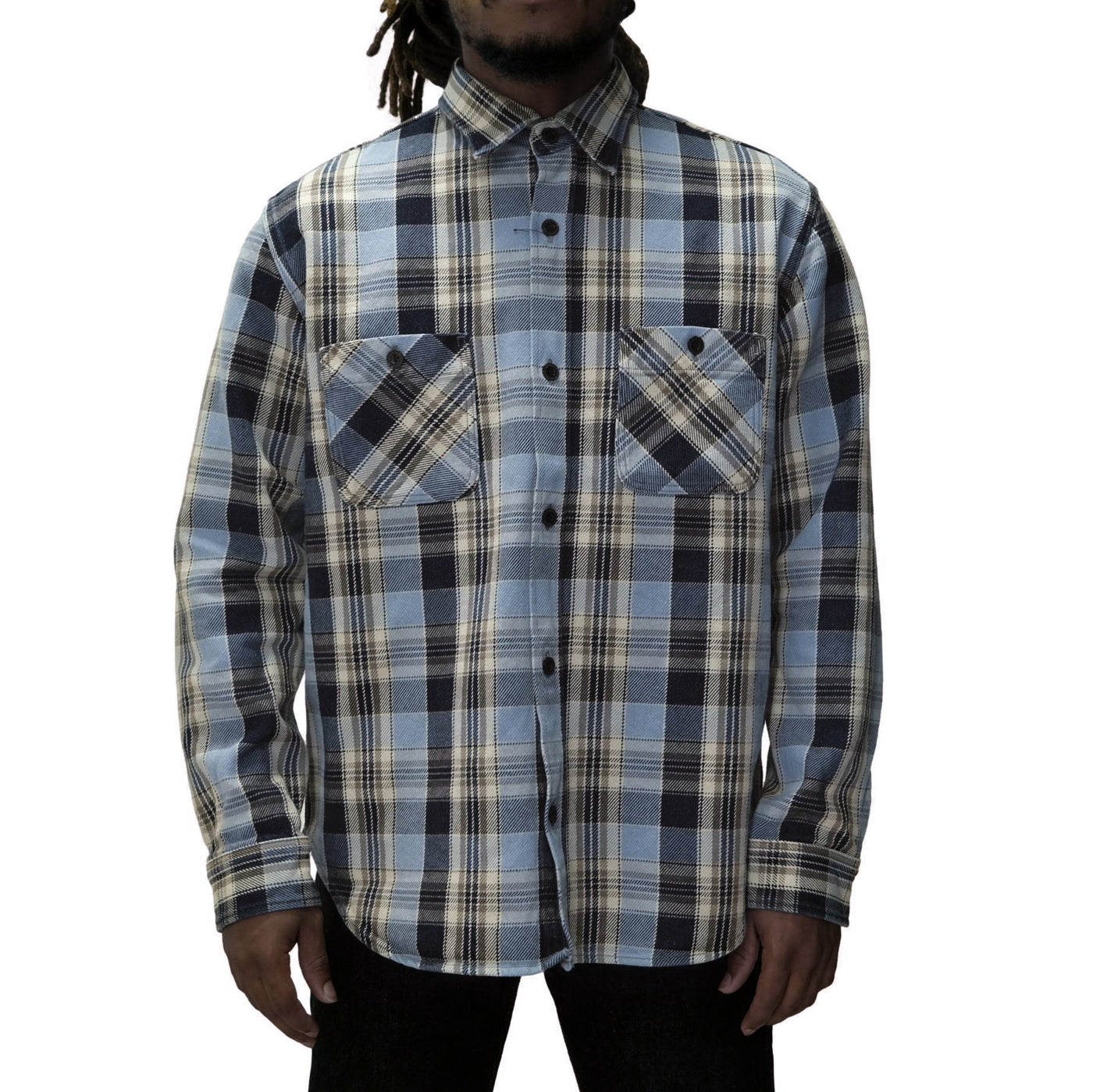 Big John Heavyweight Rope Dyed Indigo Check Flannel Work Shirt (Blue)