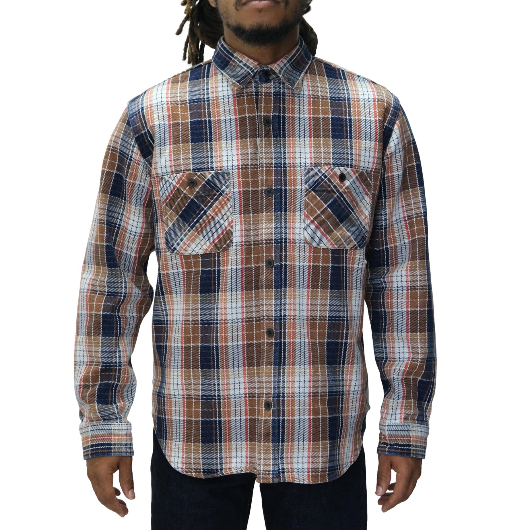 Big John Heavyweight Rope Dyed Indigo Check Flannel Work Shirt (Red)