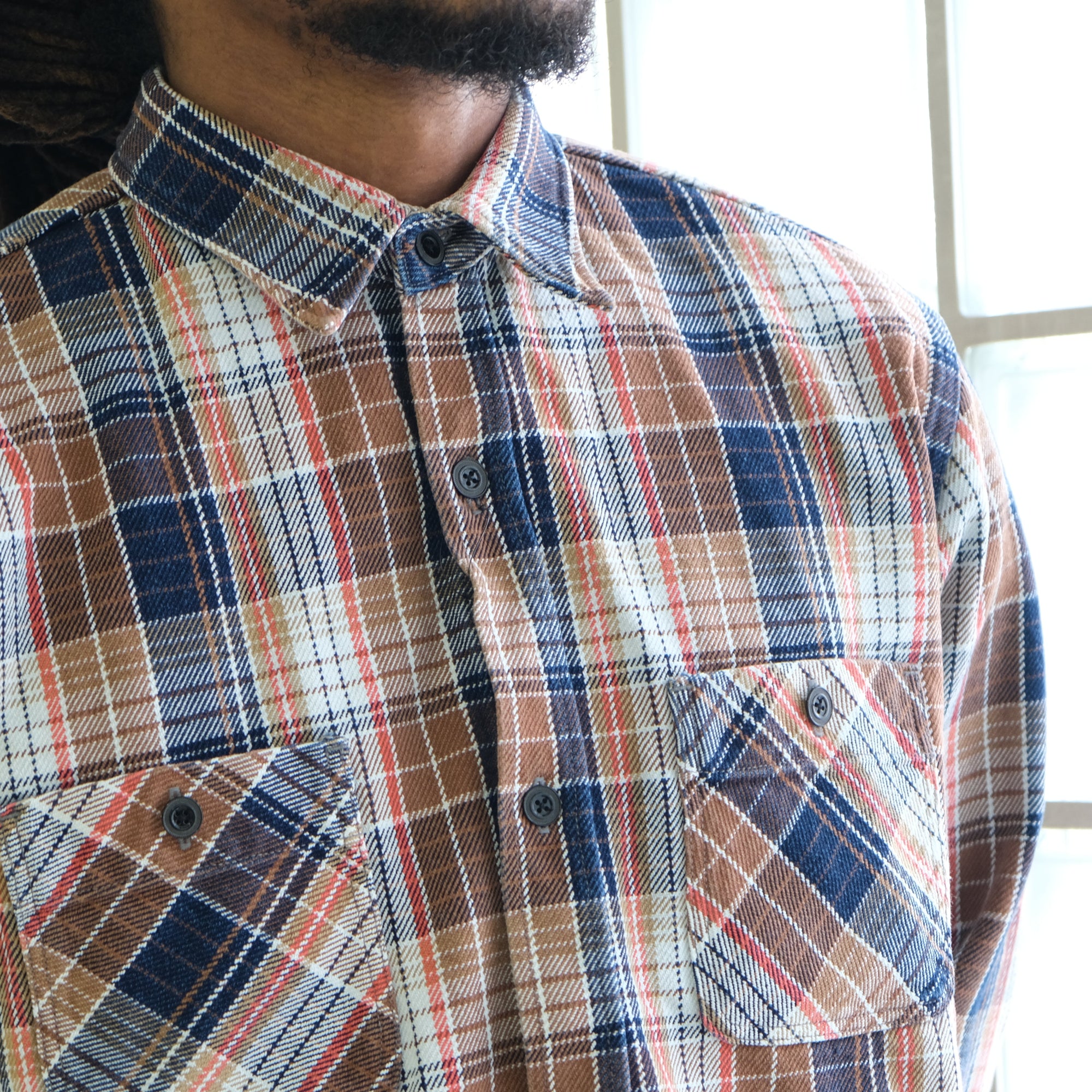 Big John Heavyweight Rope Dyed Indigo Check Flannel Work Shirt (Red)