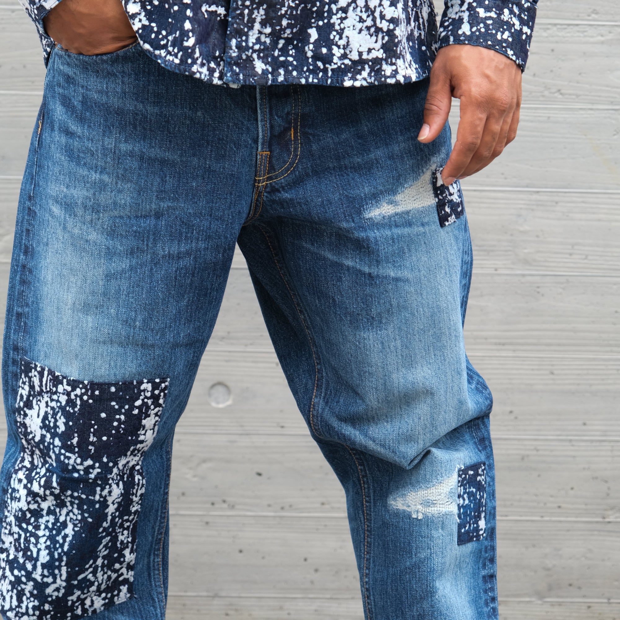 FDMTL Distressed Patchwork Selvedge Jeans (Regular Straight)