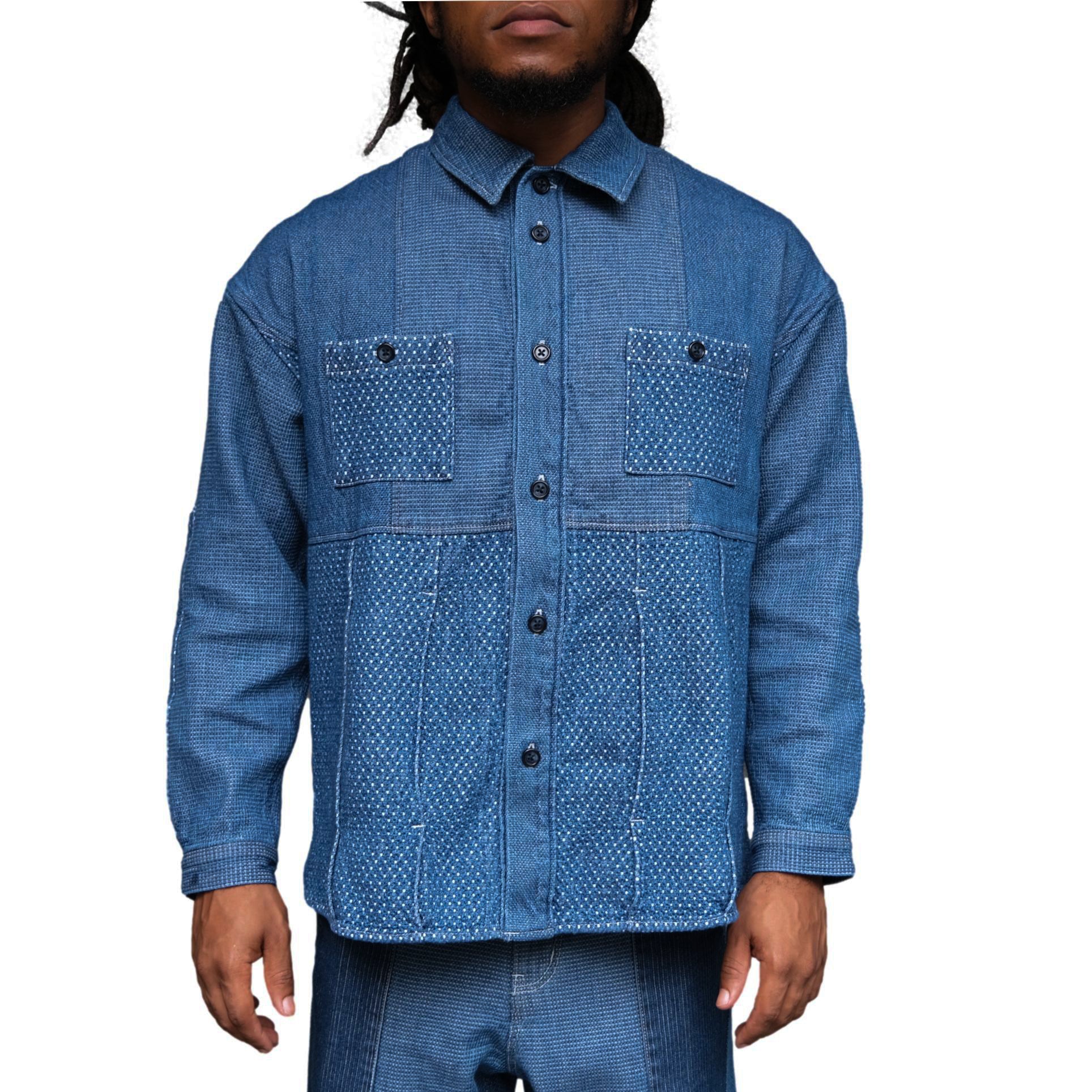 FDMTL Distressed Indigo Patchwork Sashiko Shirt