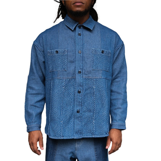FDMTL Distressed Indigo Patchwork Sashiko Shirt
