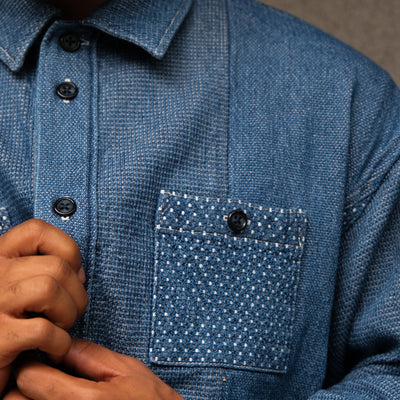 FDMTL Distressed Indigo Patchwork Sashiko Shirt