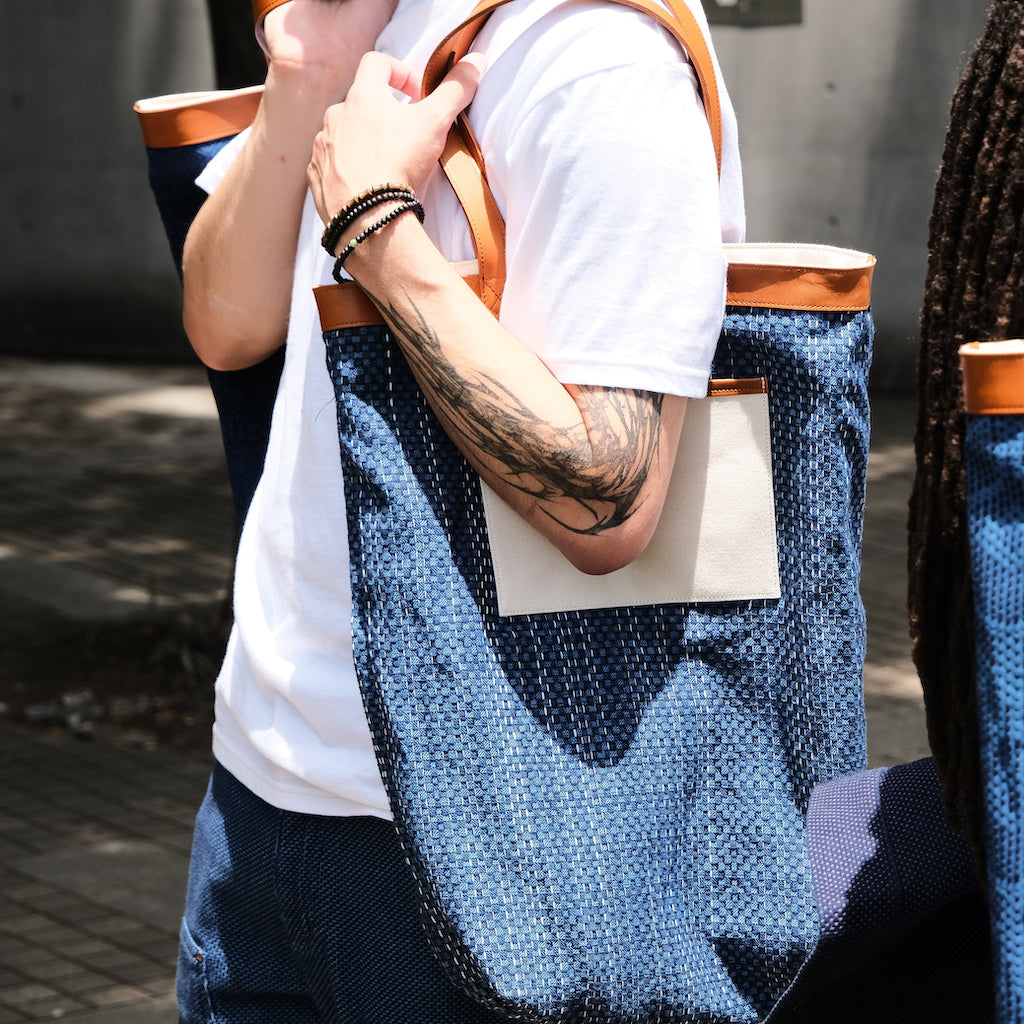 Okayama Denim Natural Indigo Sashiko Lined Reversible Canvas Tote Bag (Ver. D)