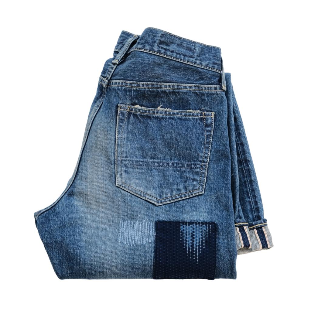 FDMTL Distressed Patchwork Selvedge Jeans (Slim Tapered