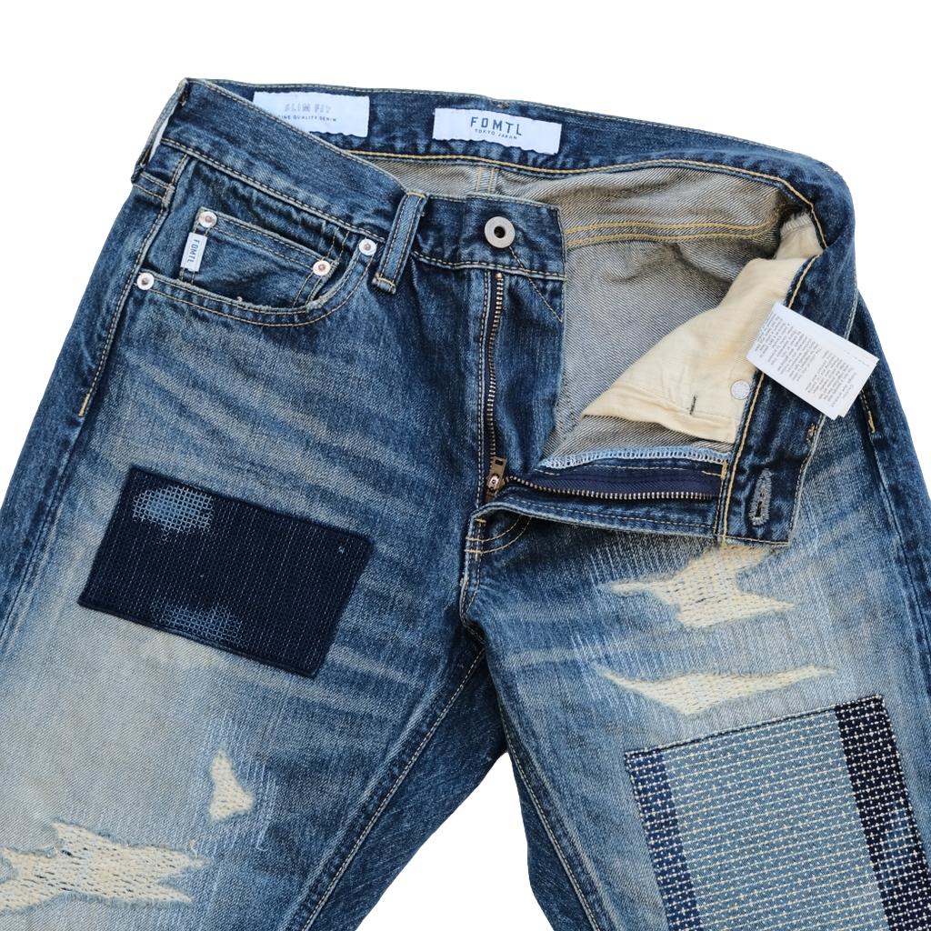 FDMTL Distressed Patchwork Selvedge Jeans (Slim Tapered