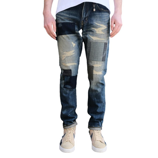 FDMTL Distressed Patchwork Selvedge Jeans (Slim Tapered)