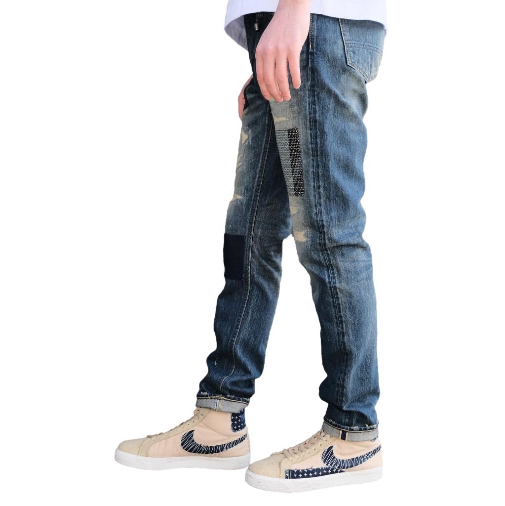 FDMTL Distressed Patchwork Selvedge Jeans (Slim Tapered