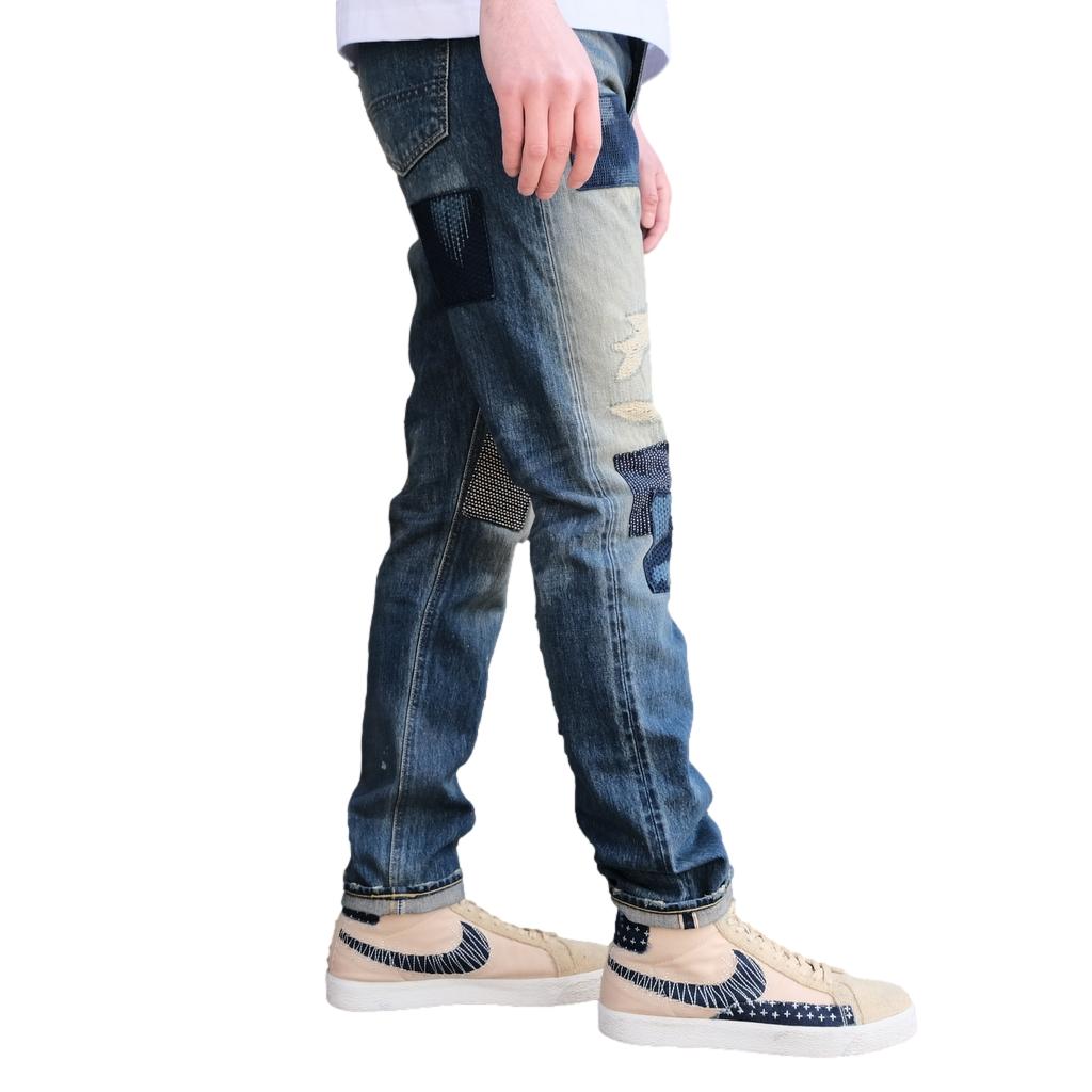 FDMTL Distressed Patchwork Selvedge Jeans (Slim Tapered)