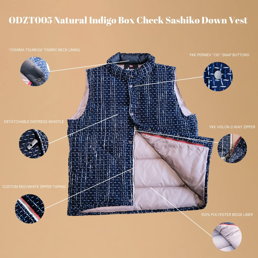 OD+ZT Natural Indigo Box Check Sashiko Down Vest - Okayama Denim