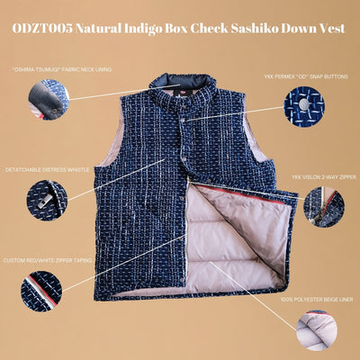 OD+ZT Natural Indigo Box Check Sashiko Down Vest - Okayama Denim