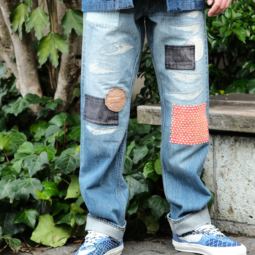 FDMTL Distressed Patchwork Selvedge Jeans (Regular Straight FDMTL Distressed Patchwork Selvedge Jeans (Regular Straight
