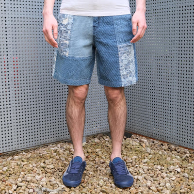 FDMTL Distressed Indigo Sashiko Patchwork Shorts