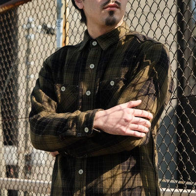 Momotaro Herringbone Check Flannel Shirt (Olive)