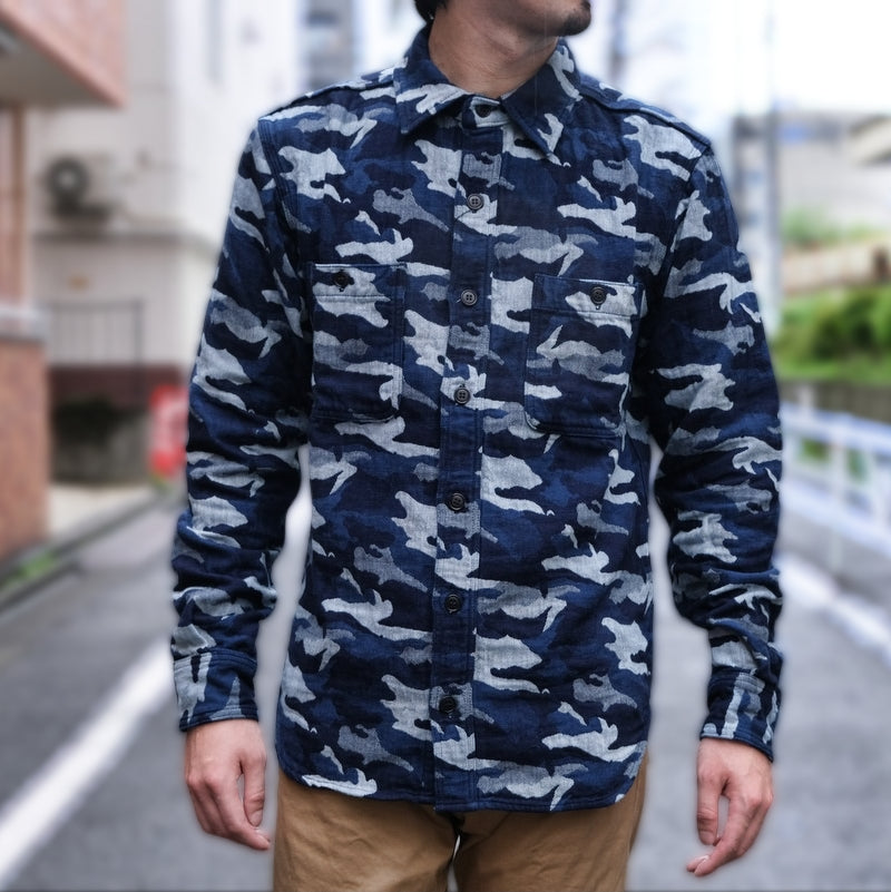 Momotaro Indigo Camo Jacquard Shirt - Okayama Denim