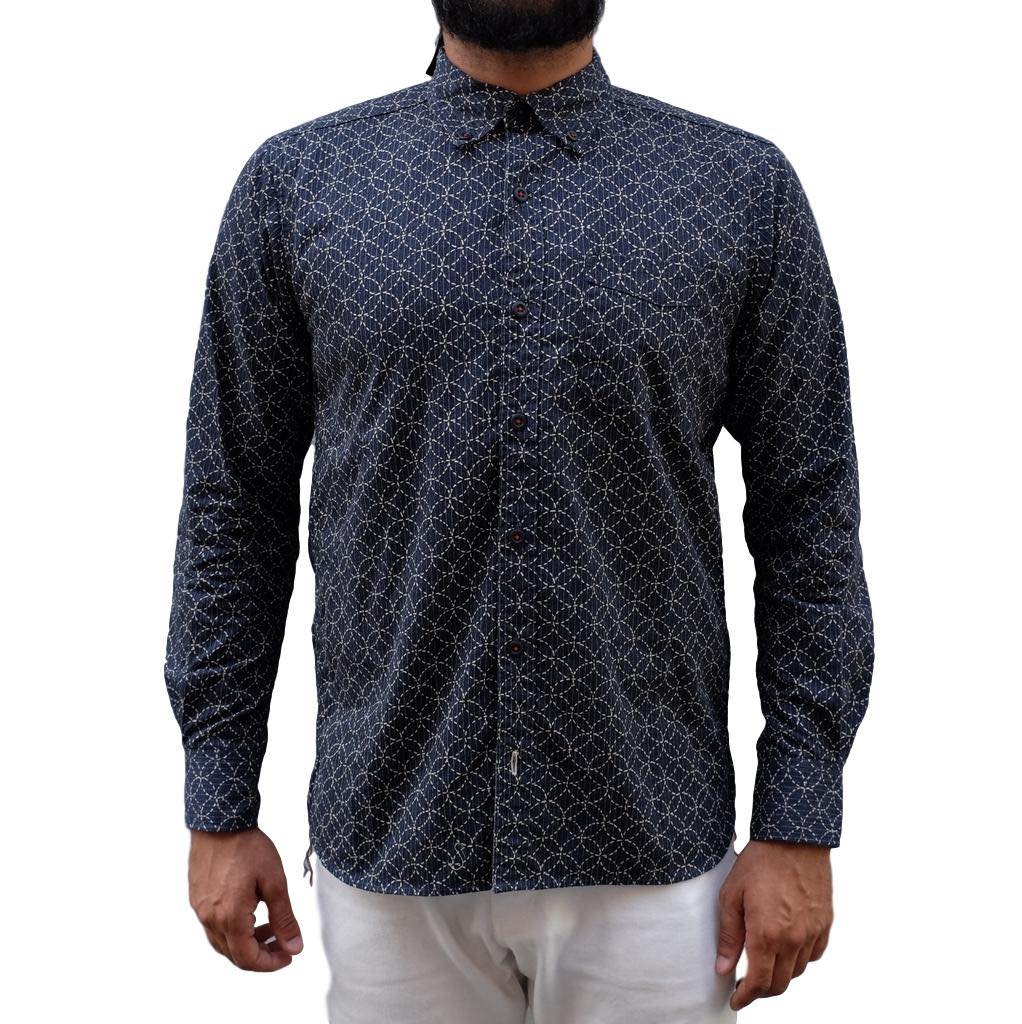 OD+MJ Indigo Sashiko Katazome Print L/S Shirt - Okayama Denim