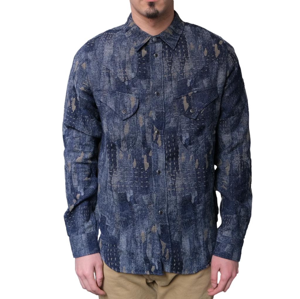 Pure Blue Japan Indigo Jacquard Boro Western Shirt - Okayama Denim