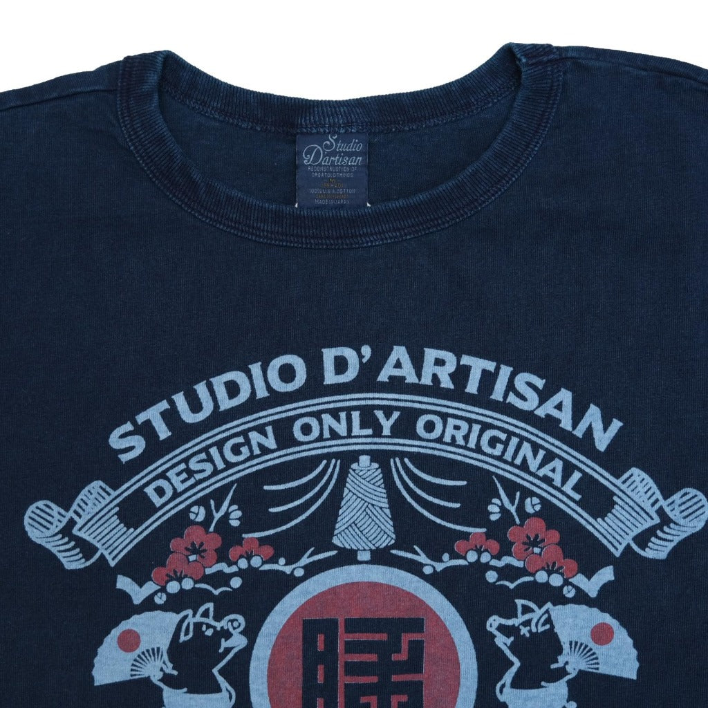 Studio D'Artisan 8067B Indigo Dyed Logo Print Tee - Okayama