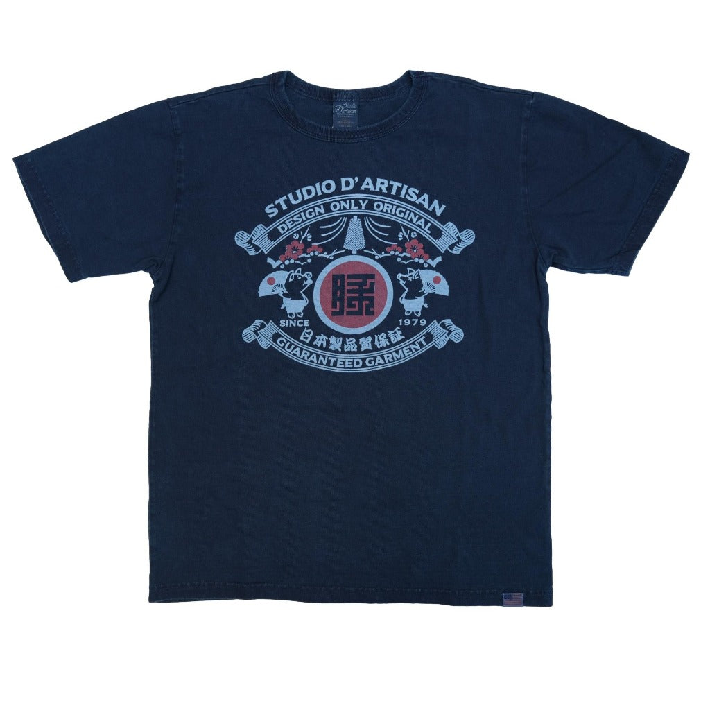 【SATIIIZ】Lucan Dyeing Short Sleeve T-Shirt Studio D'Artisan 8067B Indigo Dyed Logo Print Tee - Okayama