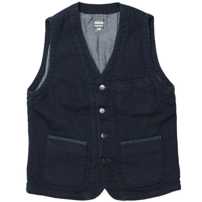 Momotaro Indigo Dyed Dobby Sashiko Vest - Okayama Denim Jacket - Selvedge